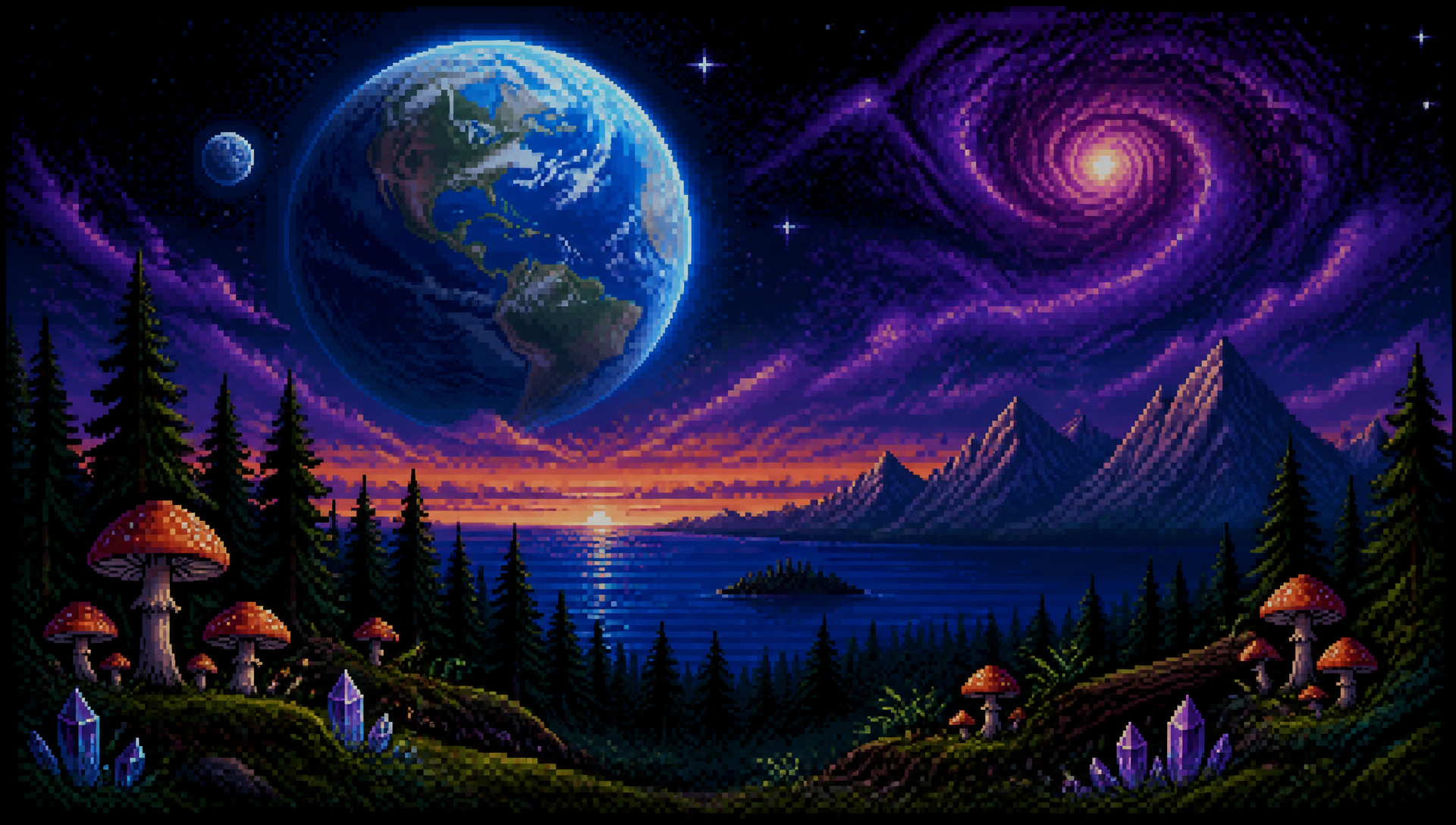Pixel-art night landscape where forest, ocean, mountains and cosmos merge under a glowing Earth